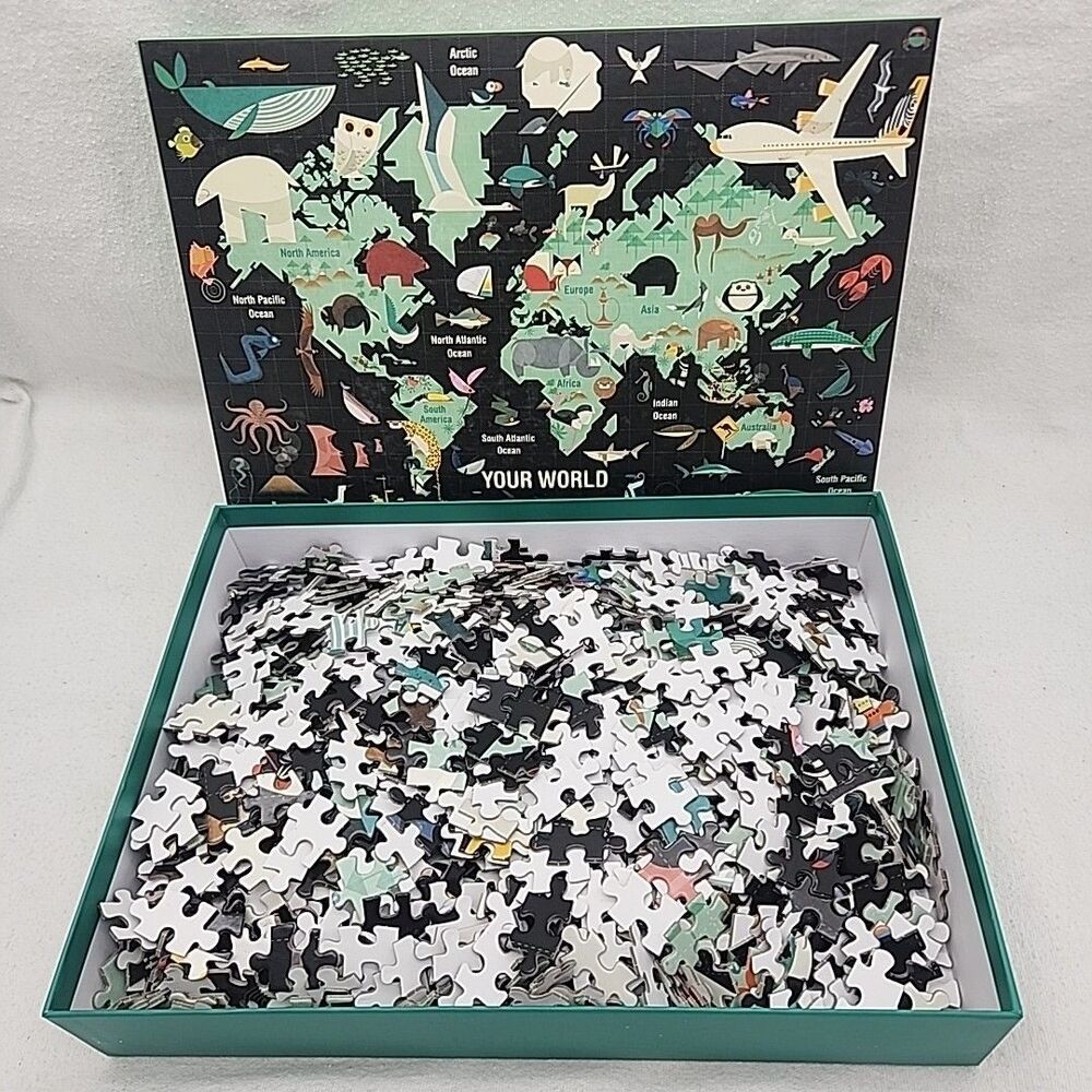 Puzzle Your World 1000 Piece Mudpuppy Map Animals Cartoon Paul Daviz 20" X 27"